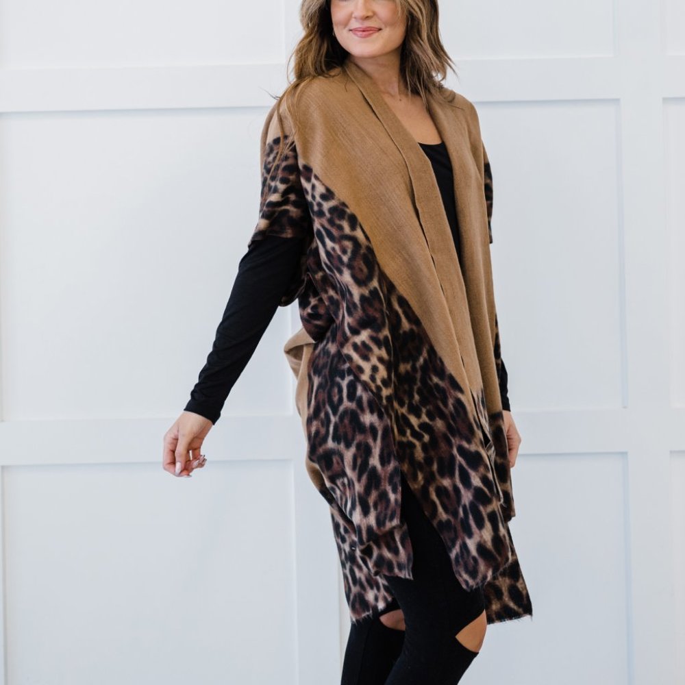 Leopard Color Block Side Slit Kimono - Picture 1 of 6